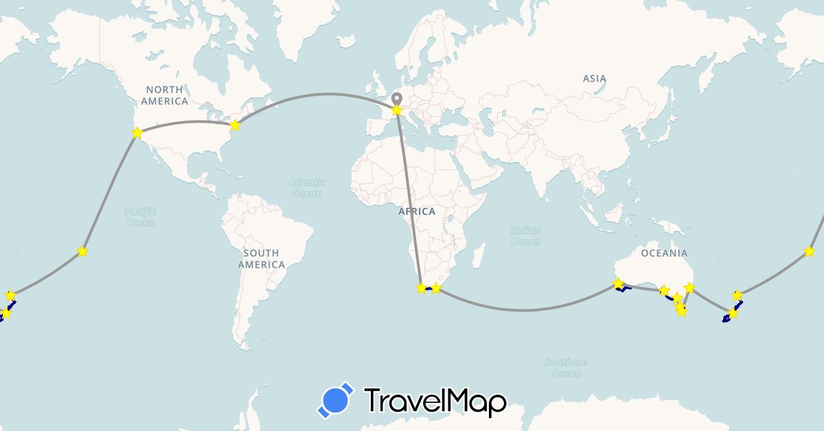TravelMap itinerary: driving, plane in Australia, Switzerland, France, New Zealand, United States, South Africa (Africa, Europe, North America, Oceania)